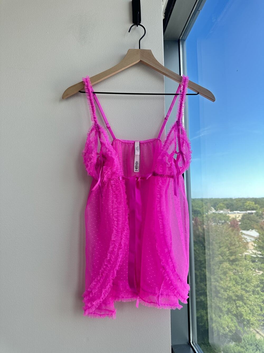 Victoria's Secret Pink Mesh Sheer Lace Trim Babydoll Slip Nightie PJ Sz M